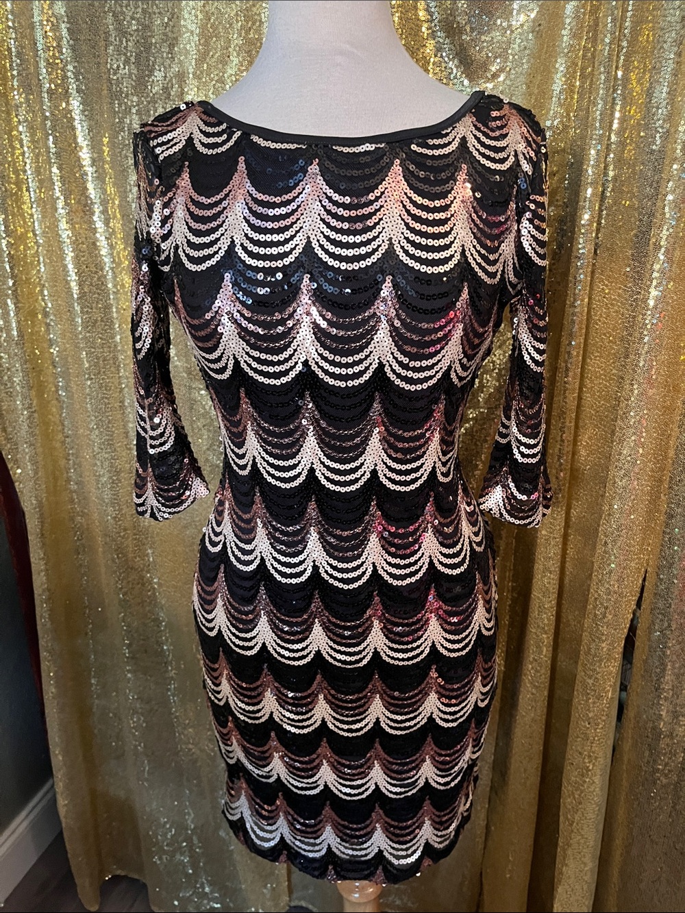 Crystal Doll Black and Rose Gold Sequin Scoop Neck Dress